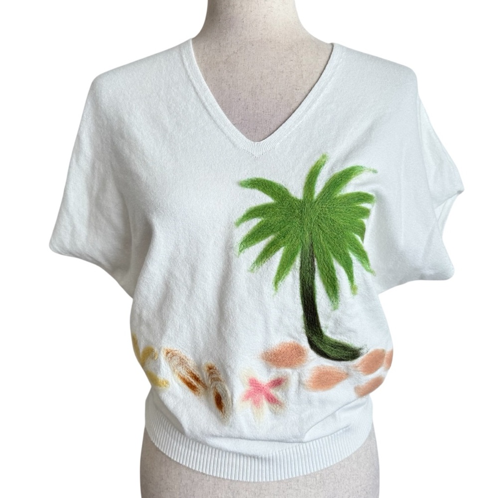 Aaeda White Palm Tree Felted Graphic Knit Blouse